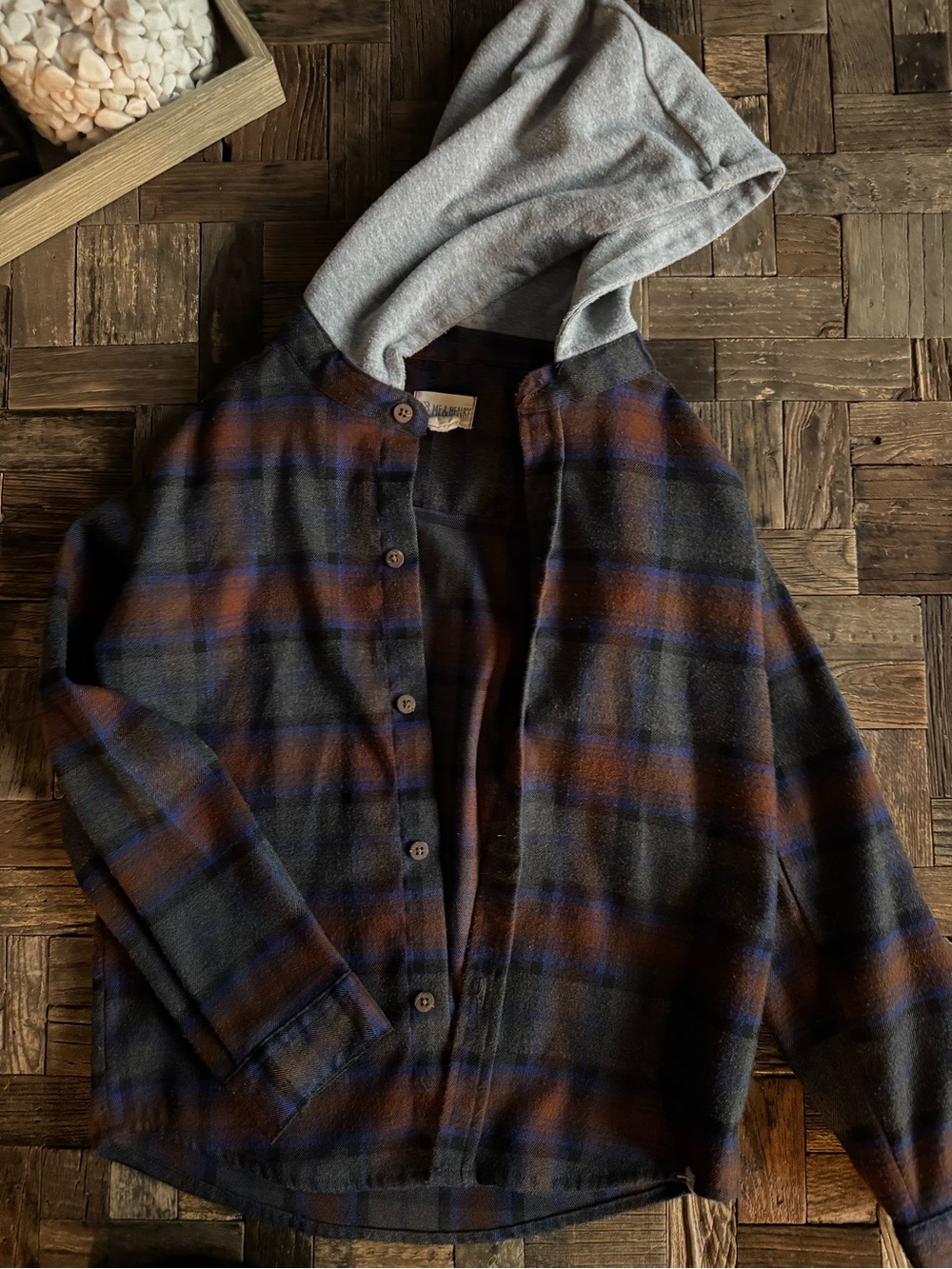 Plaid Button-Up Hoodie Shirt Jacket - Gray Hood, Navy & Rust Plaid
